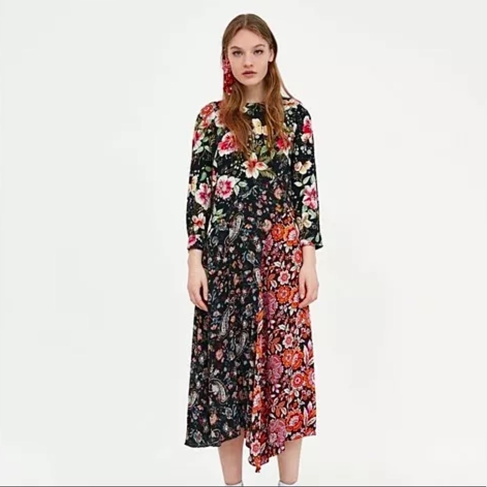 Zara m Floral Midi Patchwork Print Dress - Picture 2 of 10